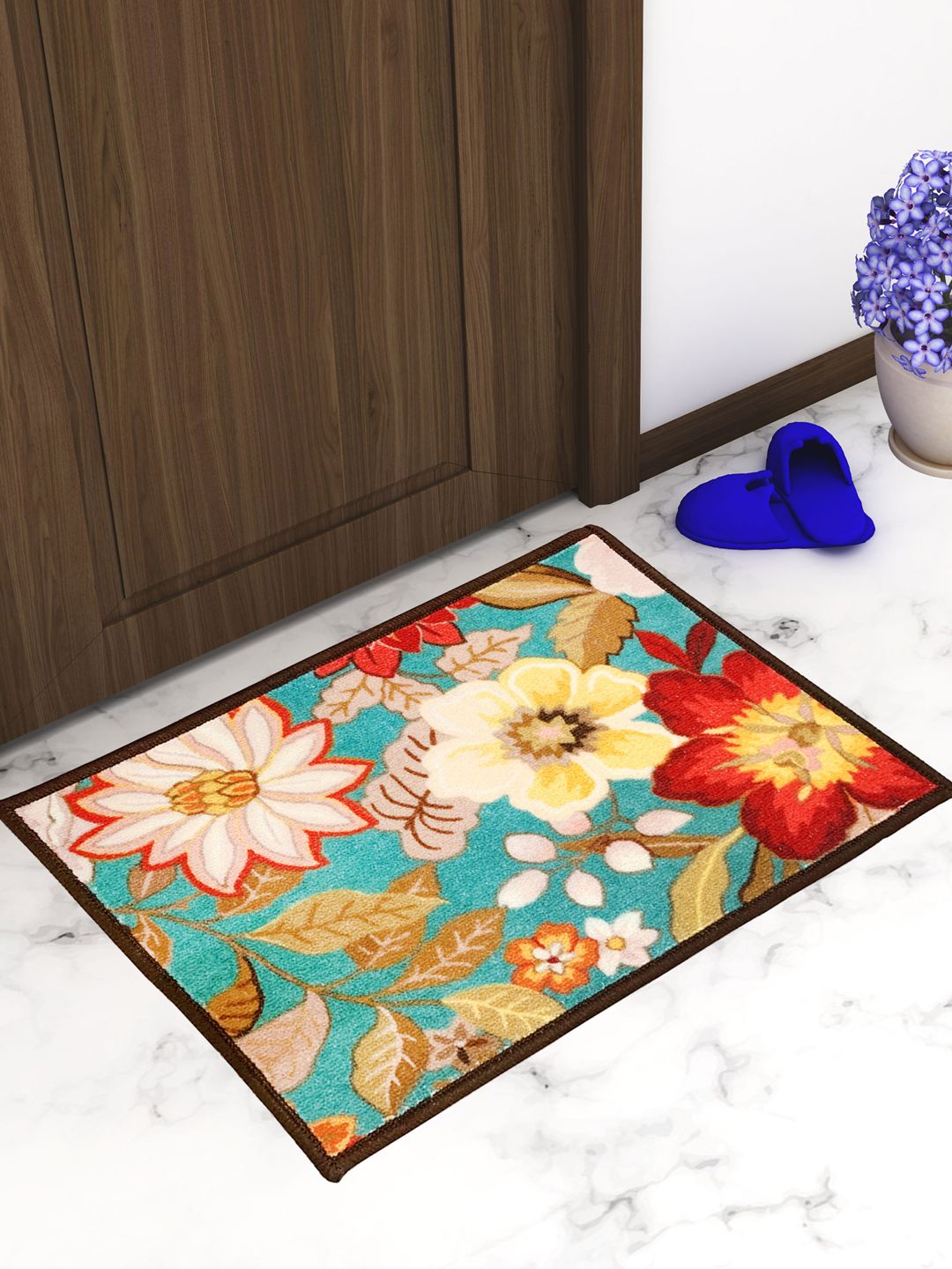 Athom Trendz Set Of 3 Turquoise Blue & Red Floral Printed Anti-Skid Door Mats-picture-24