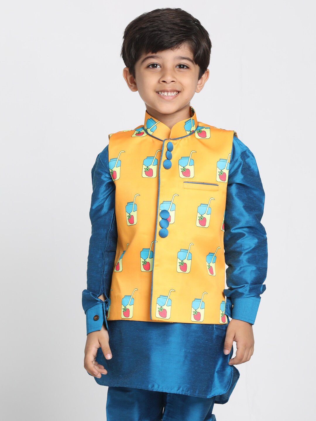VASTRAMAY Boys Orange & Blue Printed Slim-Fit Satin Nehru Jacket-image-34