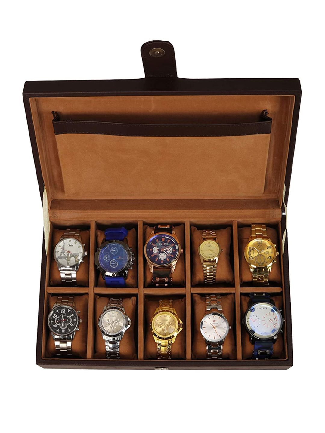 Leather World Coffee Brown Solid 10 Slots Watch Box Organiser-picture-12