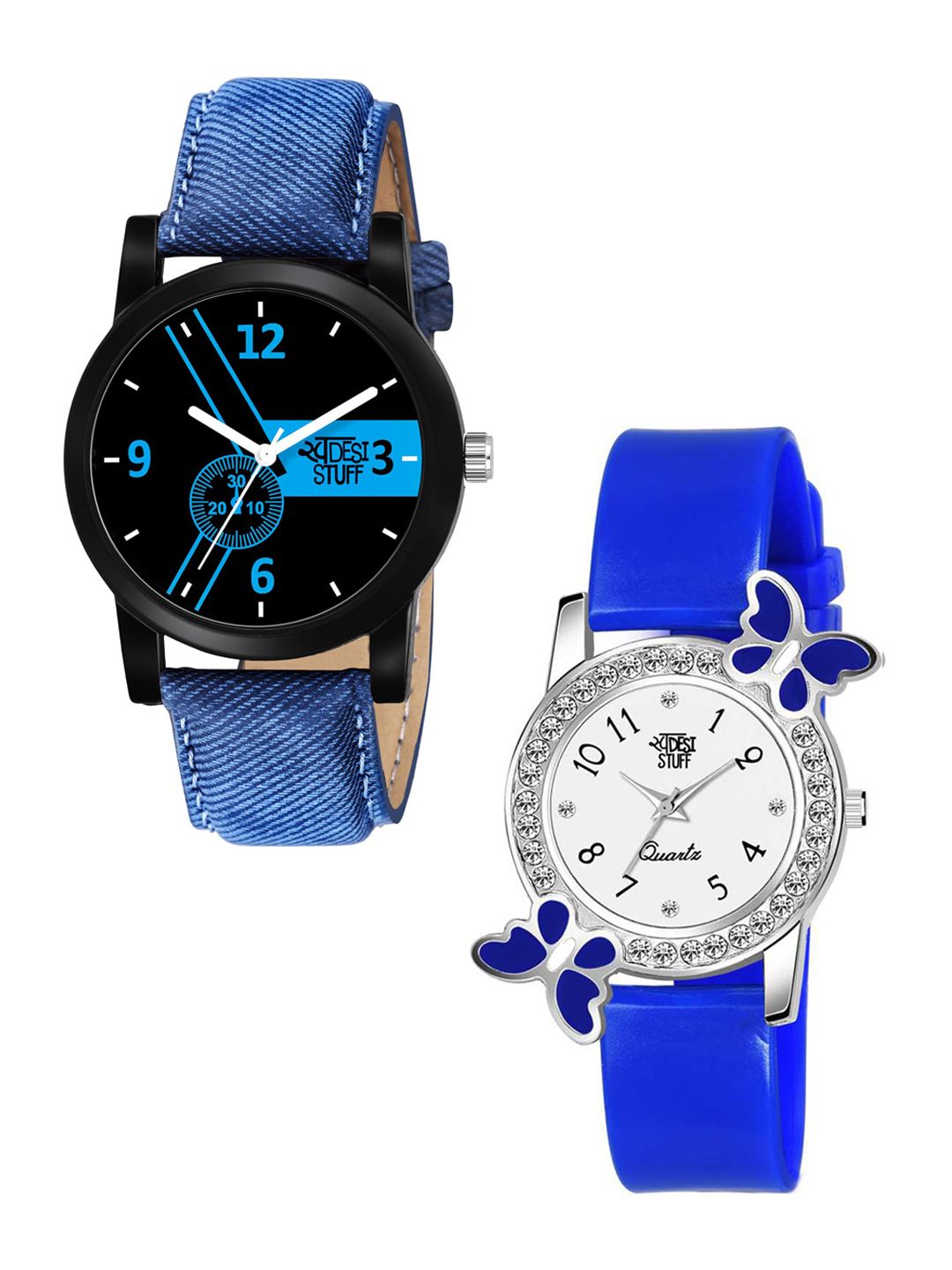SWADESI STUFF Unisex Set Of 2 Leather Strap Couple Analogue Watch LR1 BLUE & BF BLUE-picture-41
