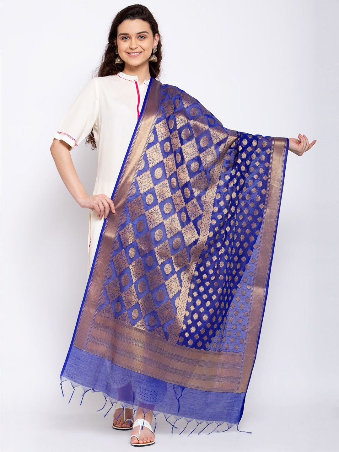 KLOTTHE Blue & Gold Ethnic Motifs Woven Design Dupatta-picture-22