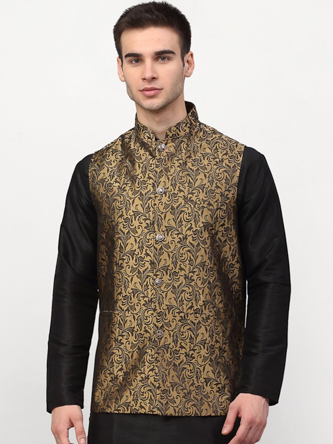 Jompers Men Gold-Coloured & Black Woven-Design Nehru Jacket-picture-22