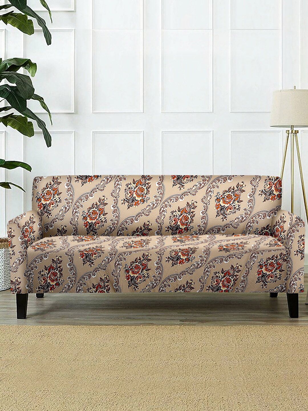 Cortina Brown & Orange Floral Printed 3-Seater Super-Stretchable Non-Slip Sofa Slipcover-picture-38
