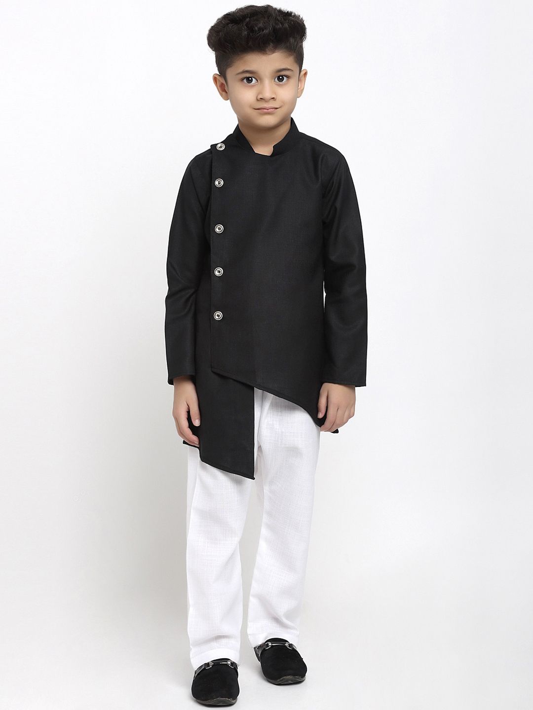 TREEMODA Boys Black & White Angrakha Linen Kurta with Pyjamas-picture-52