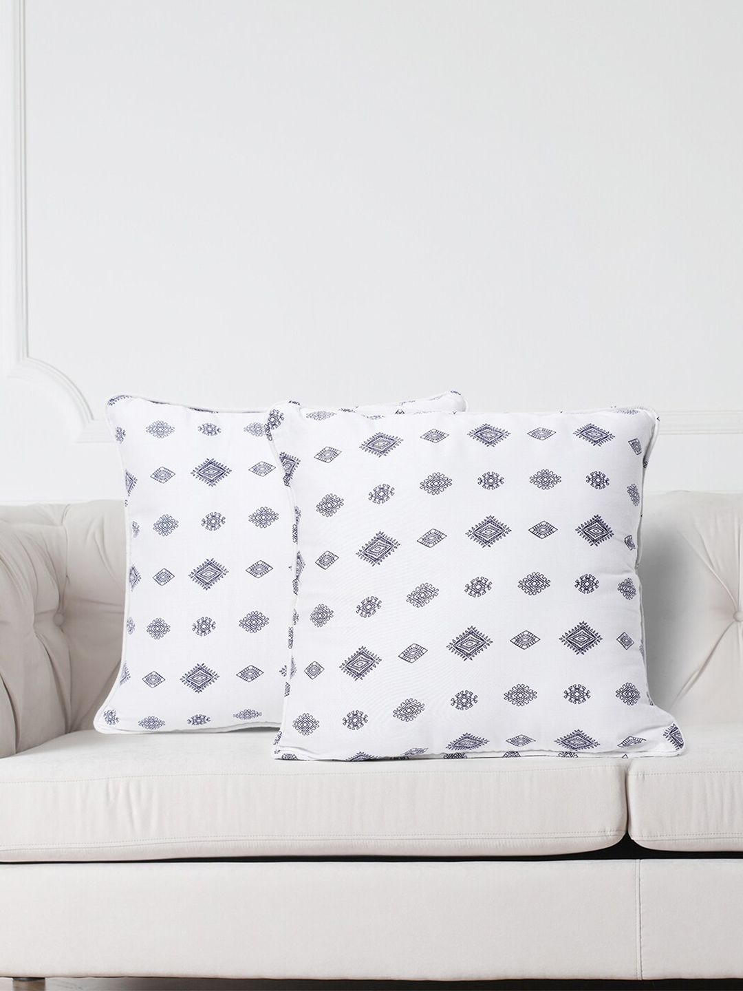 SWAYAM White & Blue Set of 2 Ethnic Motifs Square Cushion Covers-image-29