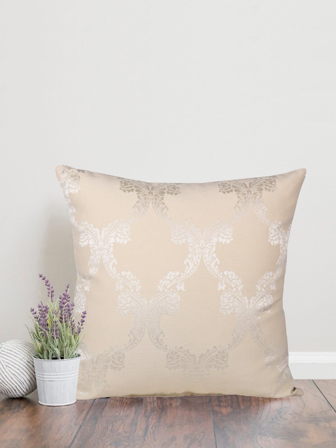 Home Cream & Silver Toned Ethnic Motifs Cotton Square Cushion Cover-image-14