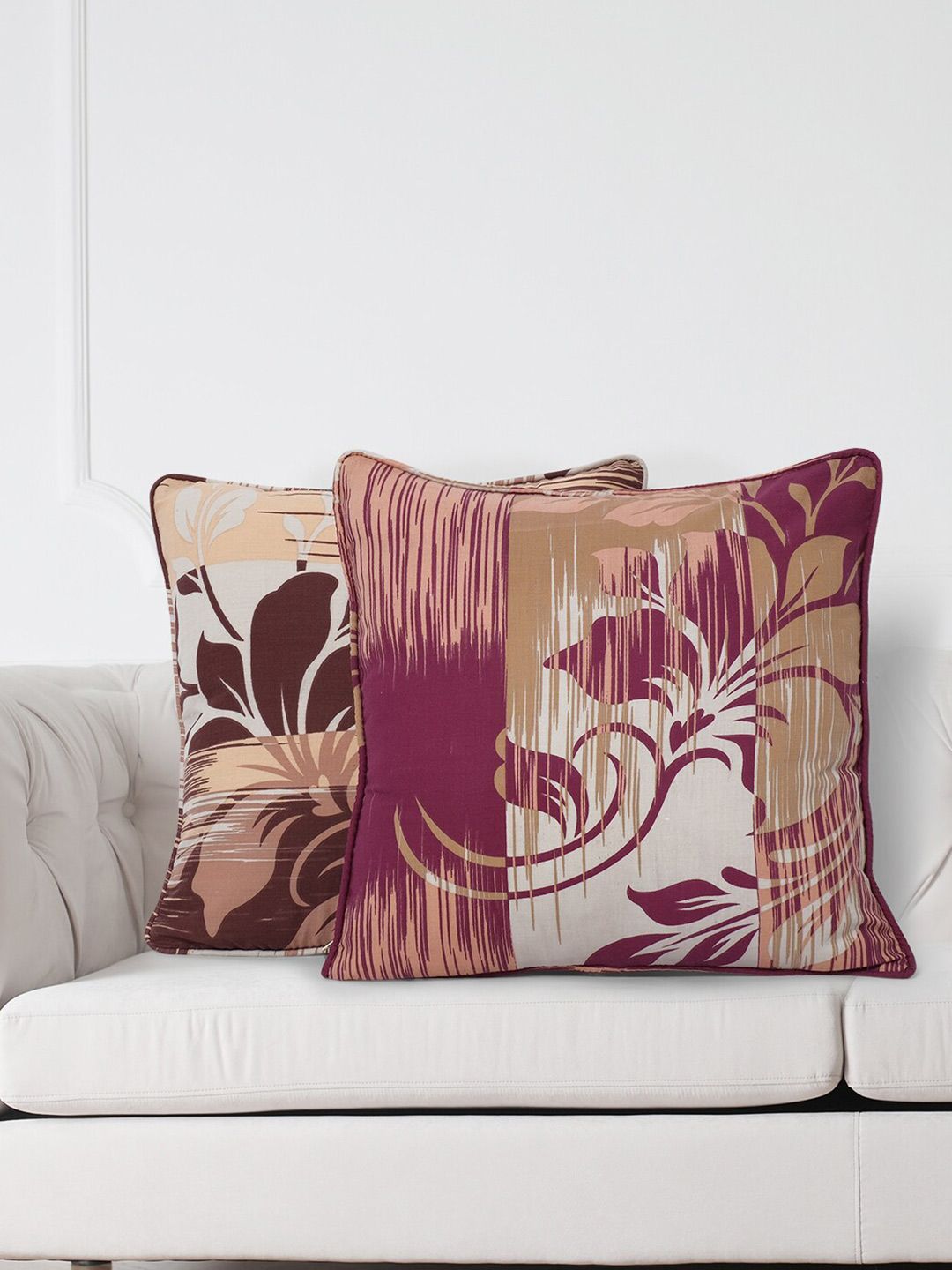 SWAYAM Brown & White Set of 2 Floral Square Cushion Covers-picture-20