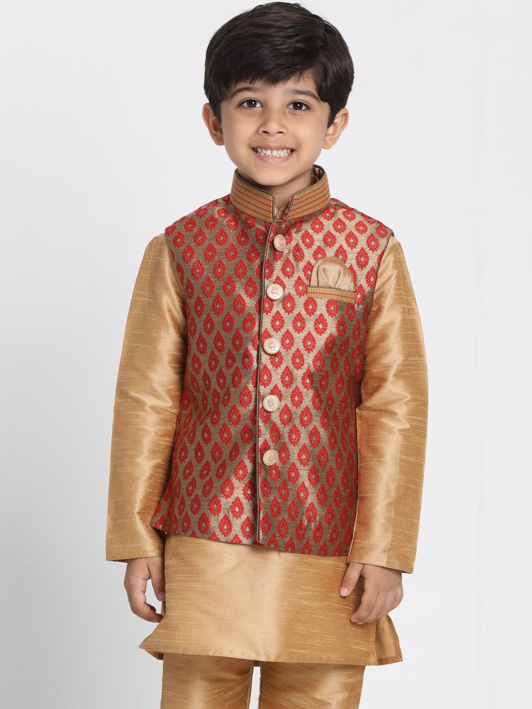VASTRAMAY Boys Maroon & Gold-Coloured Woven Design Slim-Fit Nehru Jacket-picture-47