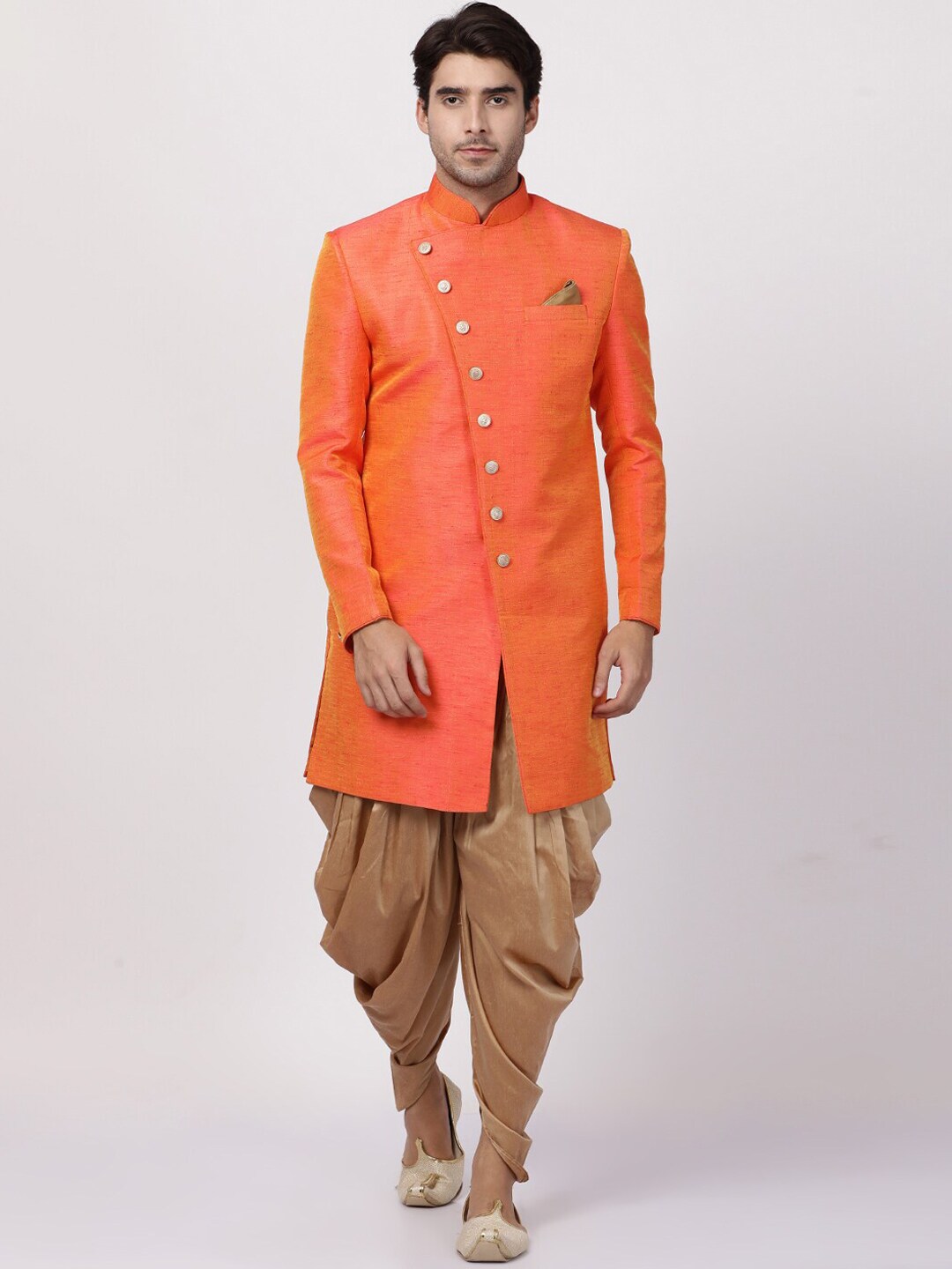 VASTRAMAY Men Orange & Gold-Coloured Solid Sherwani Set