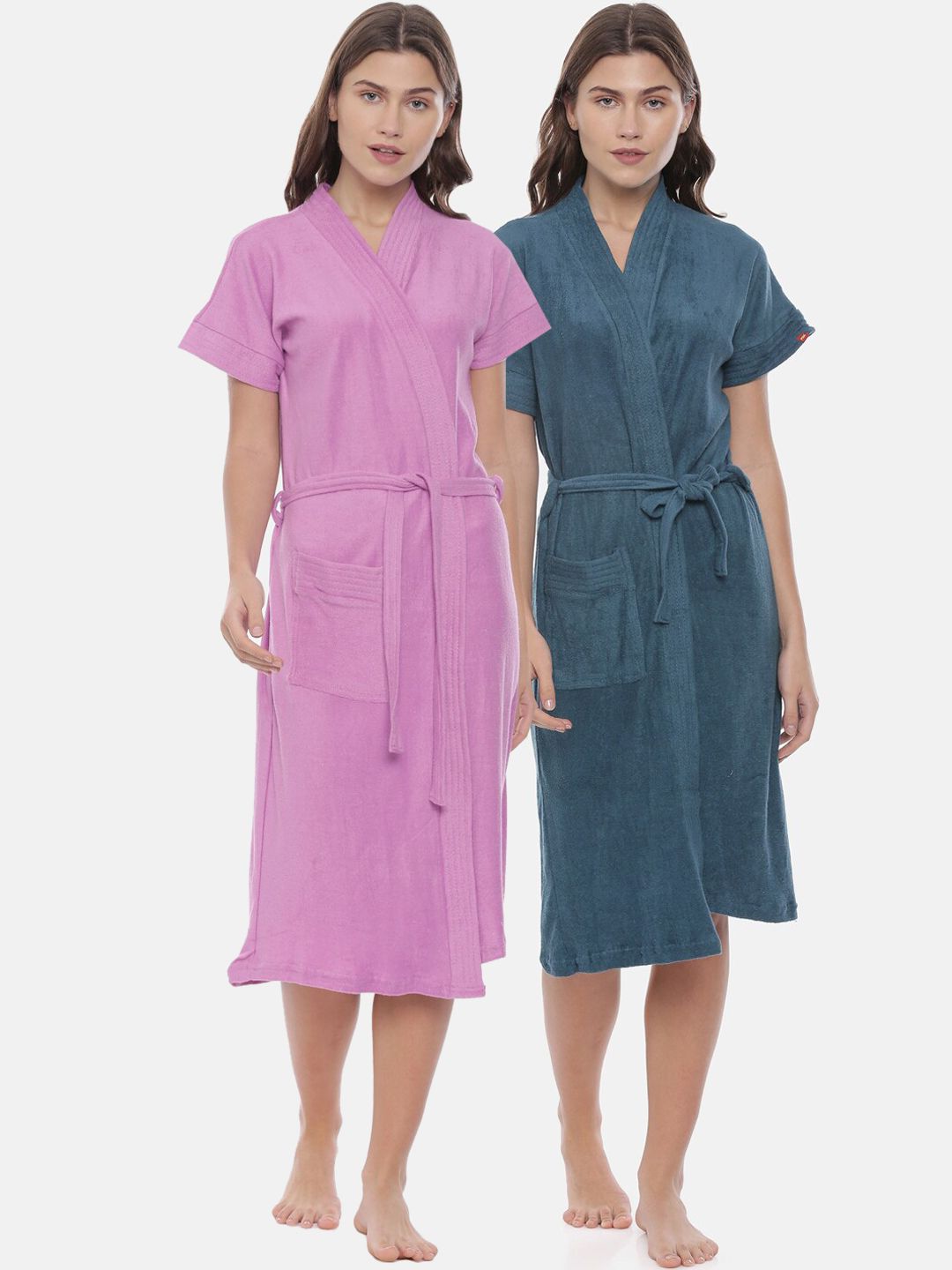 GOLDSTROMS Women Pack Of 2 Lavender & Teal Blue Solid Cotton Bath Robe-picture-13