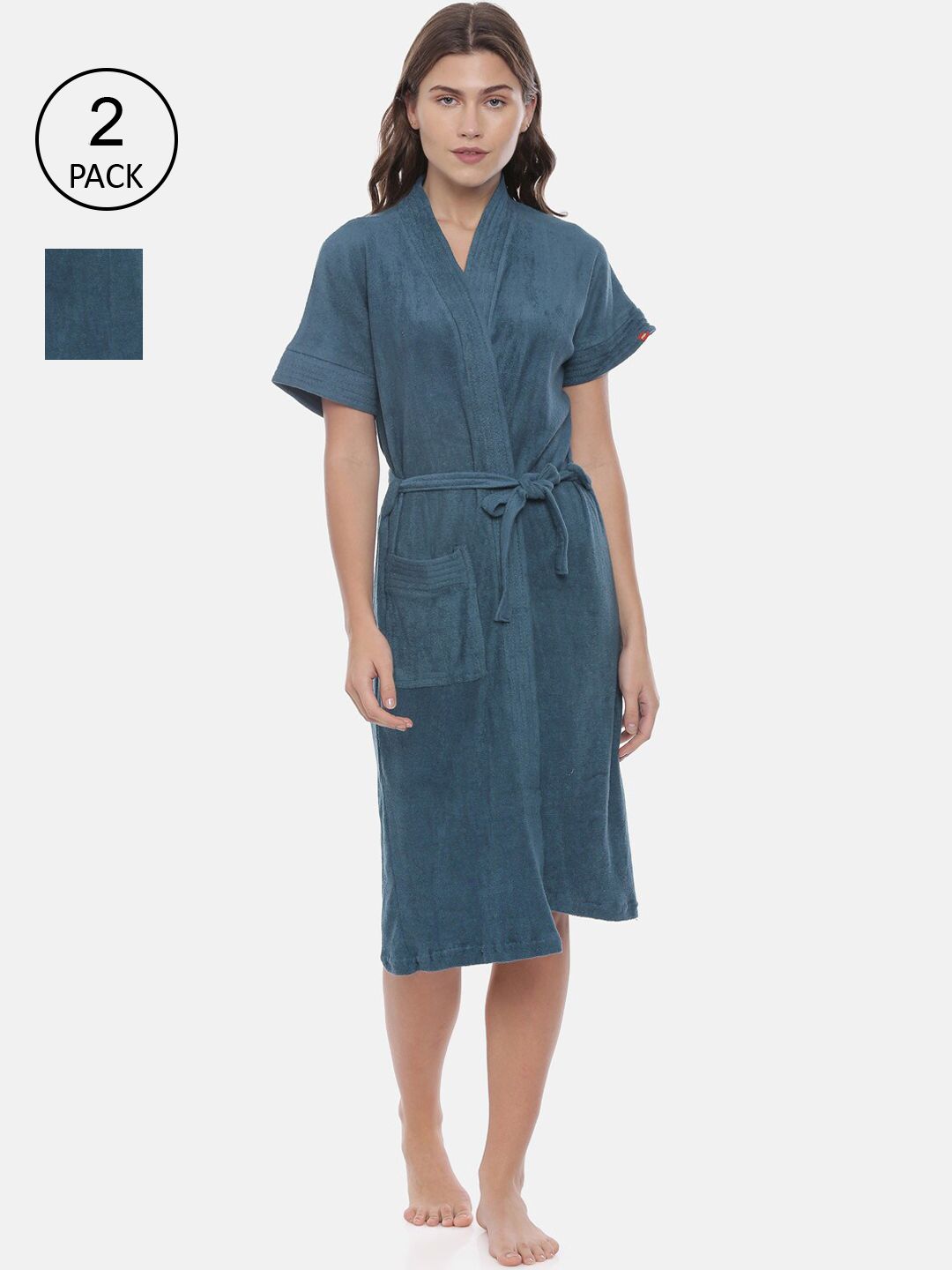 GOLDSTROMS Women Pack Of 2 Teal Blue Solid Cotton Bath Robes-picture-12