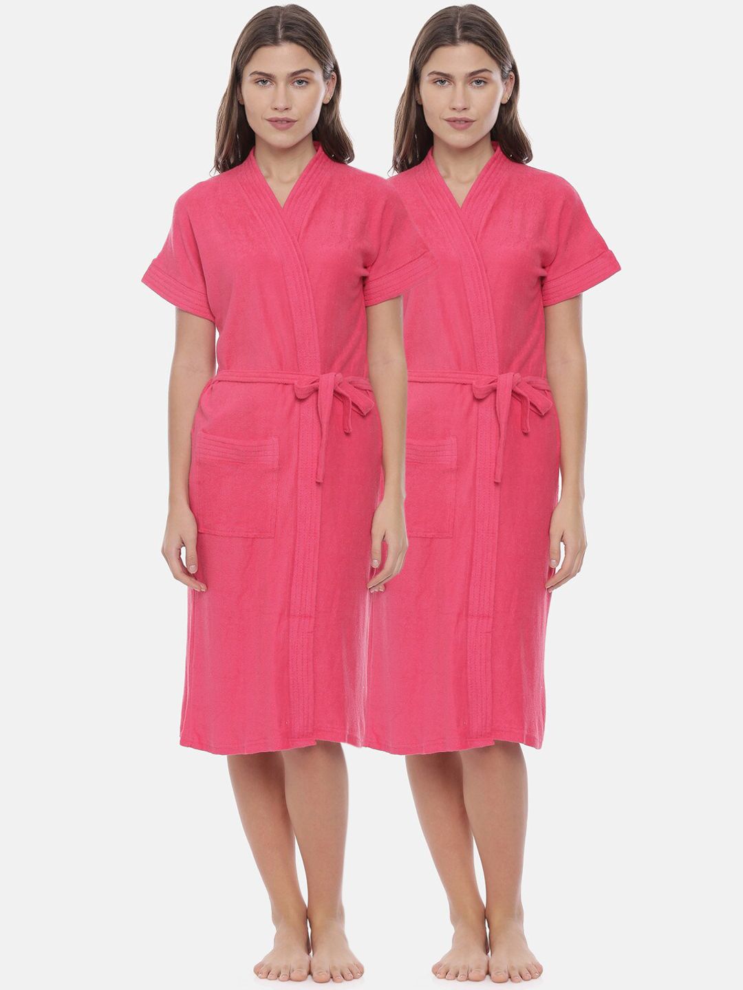 GOLDSTROMS Women Pack Of 2 Fuchsia Pink Solid Cotton Bath Robe-picture-32