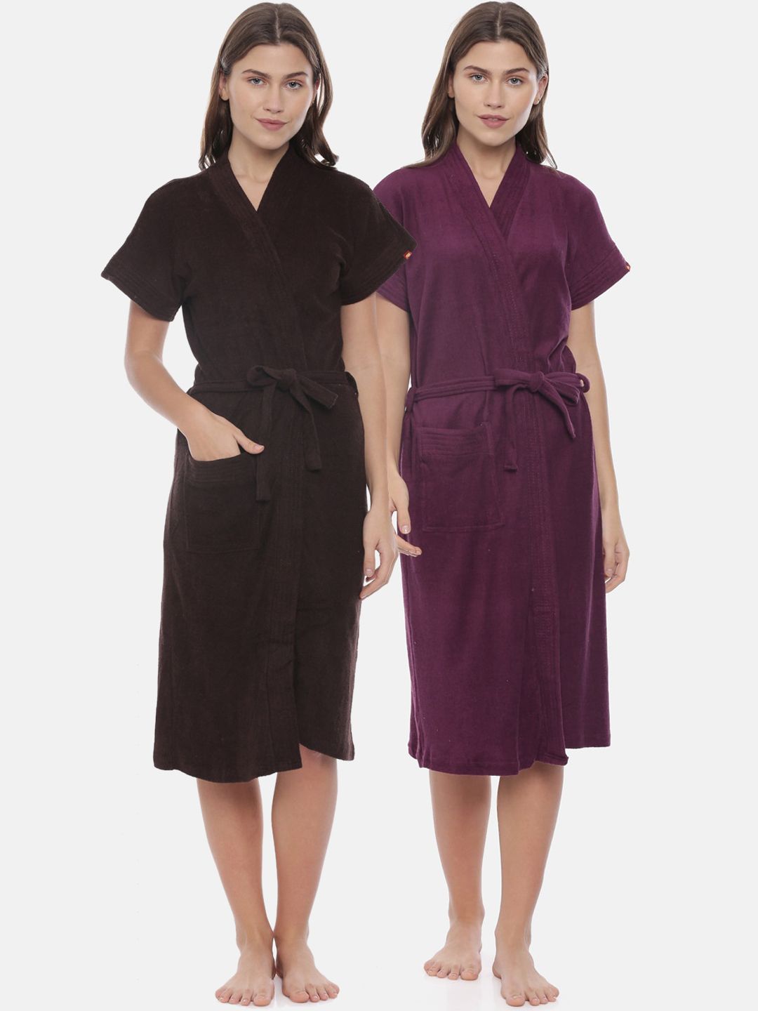 GOLDSTROMS Women Pack Of 2 Coffee Brown & Burgundy Solid Cotton Bath Robes-picture-33