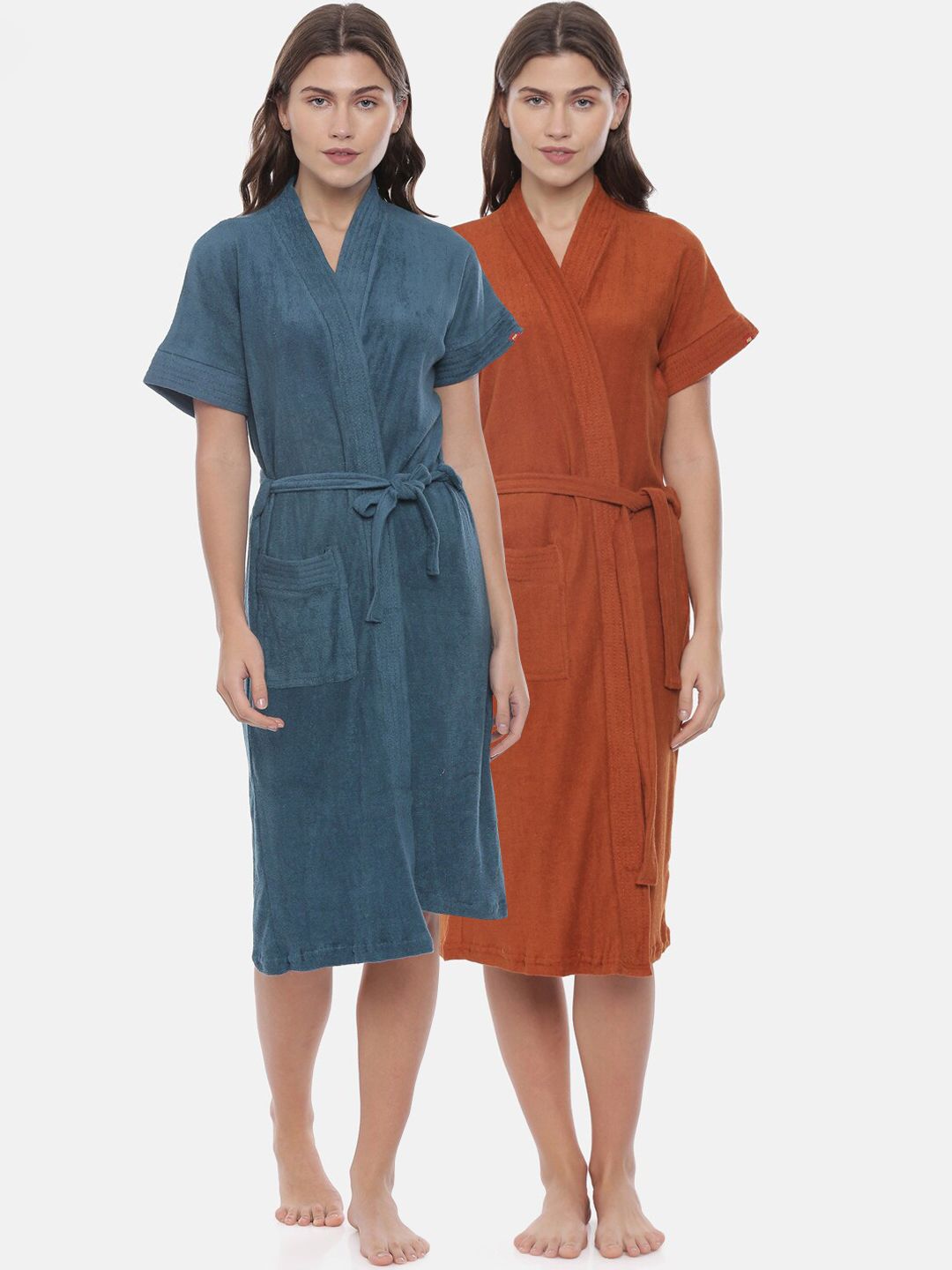 GOLDSTROMS Women Pack Of 2 Brown & Blue Solid Cotton Bath Robes-picture-11