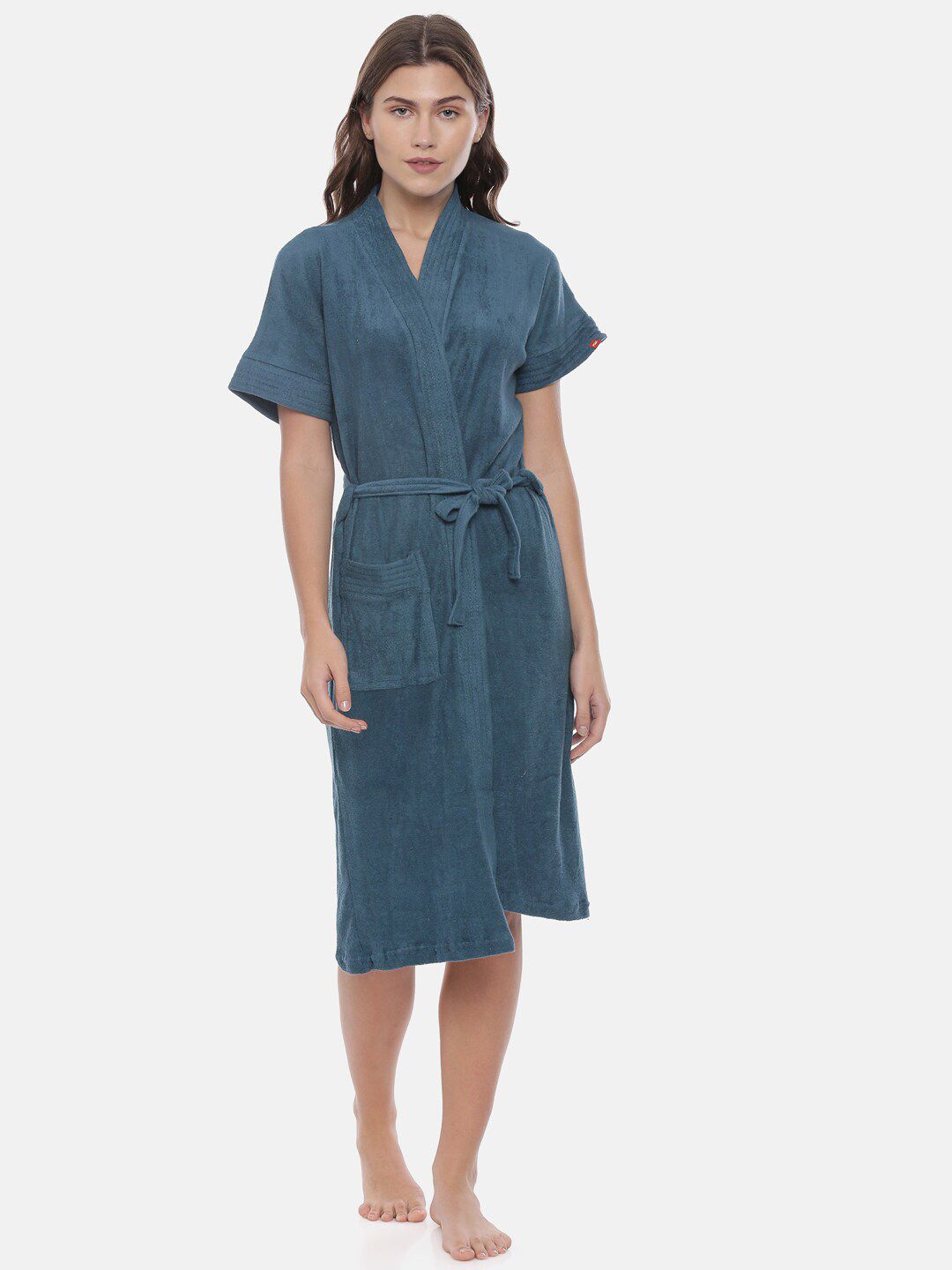 GOLDSTROMS Women Teal Blue Solid Cotton Bath Robe-picture-13