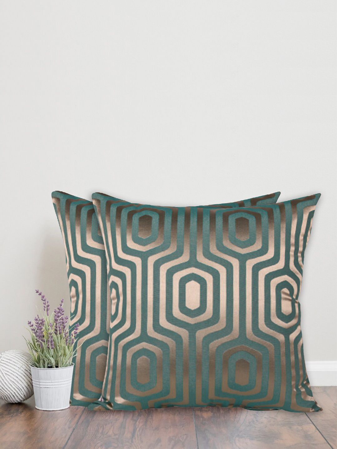 Home Green & Gold-Toned Set of 2 Geometric Square Cushion Covers-picture-30