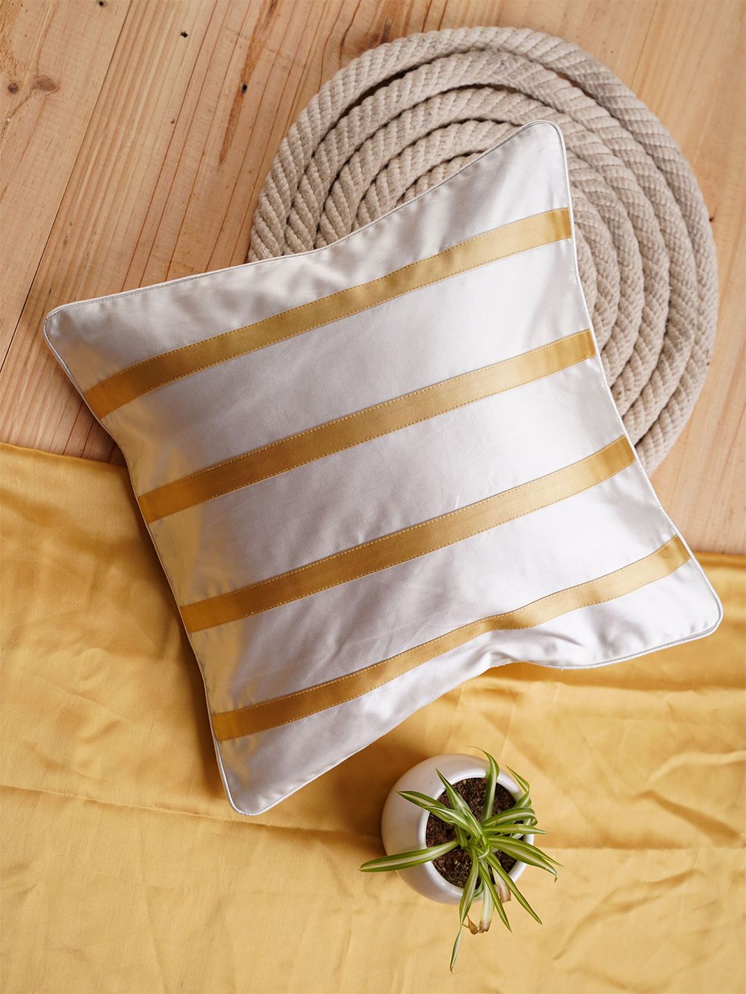 Folkstorys White & Mustard Yellow Striped Satin Square Cushion Covers-picture-22