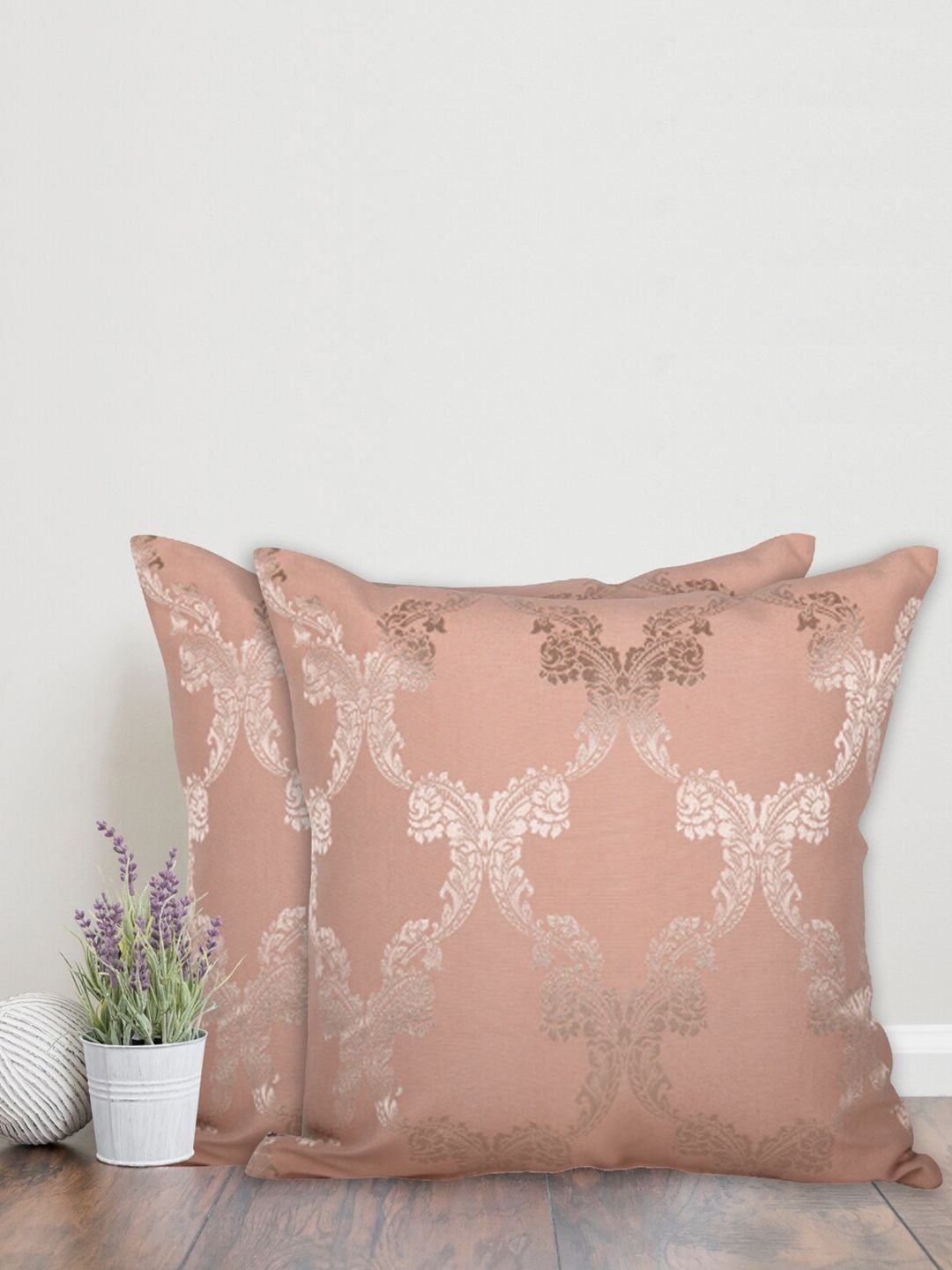 Home Peach-Coloured & Gold-Toned Set of 2 Ethnic Motifs Cotton Square Cushion Covers-picture-15