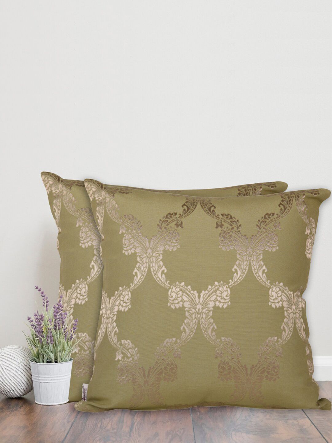 Home Green & Gold-Toned Set of 2 Ethnic Motifs Square Cushion Covers-image-21