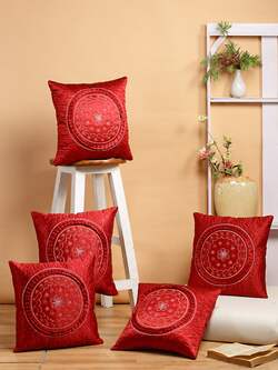 DREAM WEAVERZ - DREAM WEAVERZ Red & White Set of 5 Embroidered Square Cushion Covers