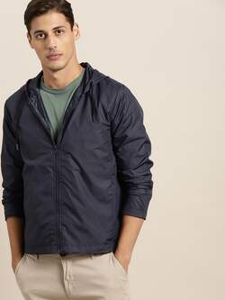 INVICTUS - INVICTUS Men Navy Blue Solid Hooded Tailored Jacket