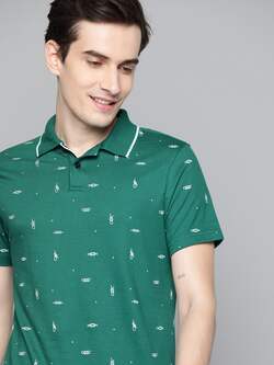 Mast & Harbour - Mast & Harbour Men Green & White Printed Polo Collar Pure Cotton T-shirt