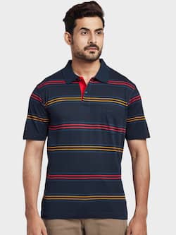 ColorPlus - ColorPlus Men Navy Blue & Yellow Striped Polo Collar T-shirt