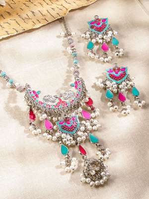 Rubans Oxidized Silver-Plated Multicolor Enamel & Pearl Beaded Dangling Necklace Set