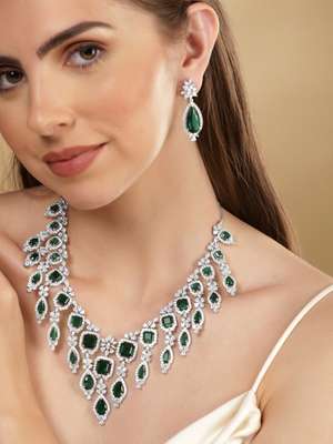 Rubans Premium Rhodium Plated AAA Cubic Zirconia & Emerald Studded Necklace Set (Onesize) by Myntra