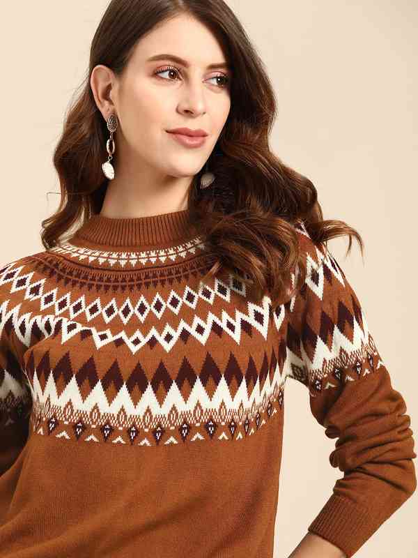 トップス U Neck Popover fair isle sweater knit Float Stitch Fair Isle Funnel Neck Sweater