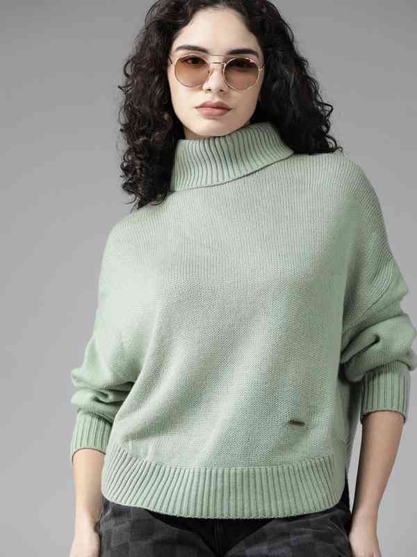 Samefar Women's Oversized Waffle Knit Sweater - Choker Neck Long Sleeve Pullover Top In Dark Green - View #8