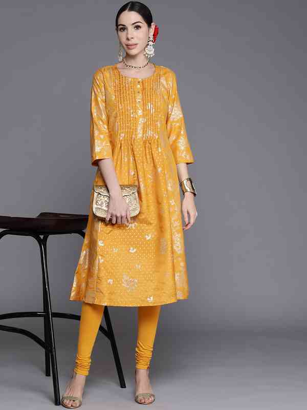 MIMOSA Women's Mustard Yellow Printed Straight Kurta - Round Neck, 3/4 Sleeves, Calf Length - View #2