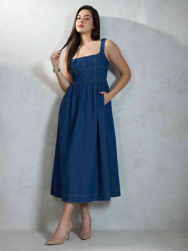 Women Blue Solid Fit And Flare Dress - Buy Women Blue Solid Fit And Flare  Dress online in India