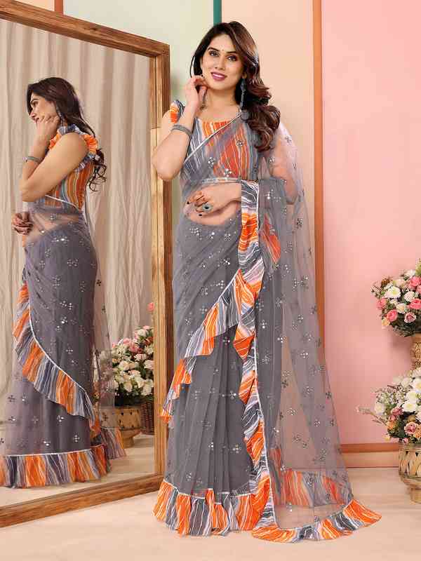 Net Grey Saree - Buy Net Grey Saree online in India