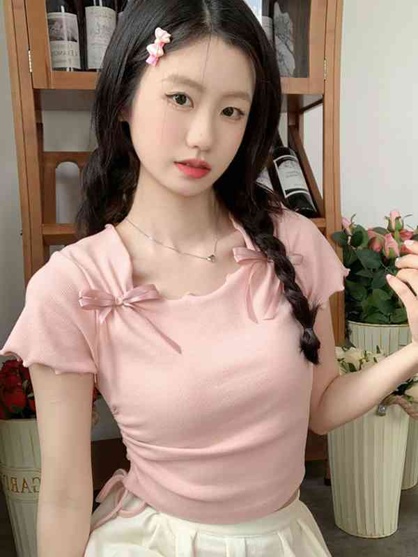 andmary Lala shirring ribbon tops pink andmary Lala shirring