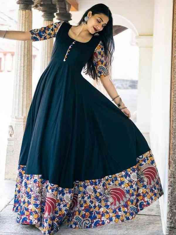 kalamkari anarkali dress designs Hand-Painted Kalamkari Anarkali Dress with Dupatta: Blue Silk Embroidered Gown