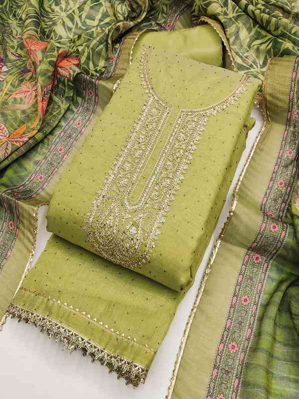 green colour dress material Green Printed With Handwork Pure Cotton Dress Material