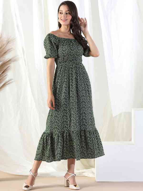 White Green Women Dresses Off Shoulder - Buy White Green Women Dresses Off  Shoulder online in India