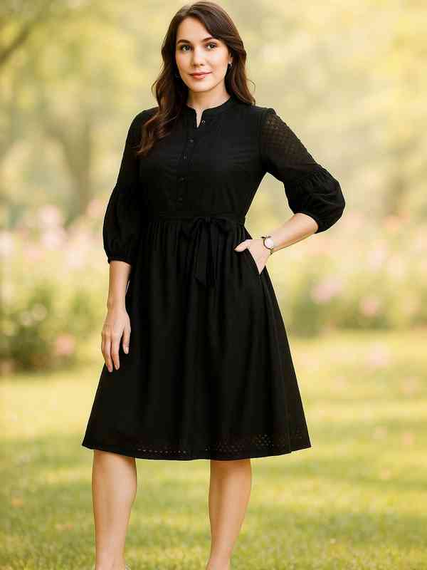 long sleeve floral dress knee length Mac Duggal Women's Embroidered Floral Midi Dress - Black Multi main image 1