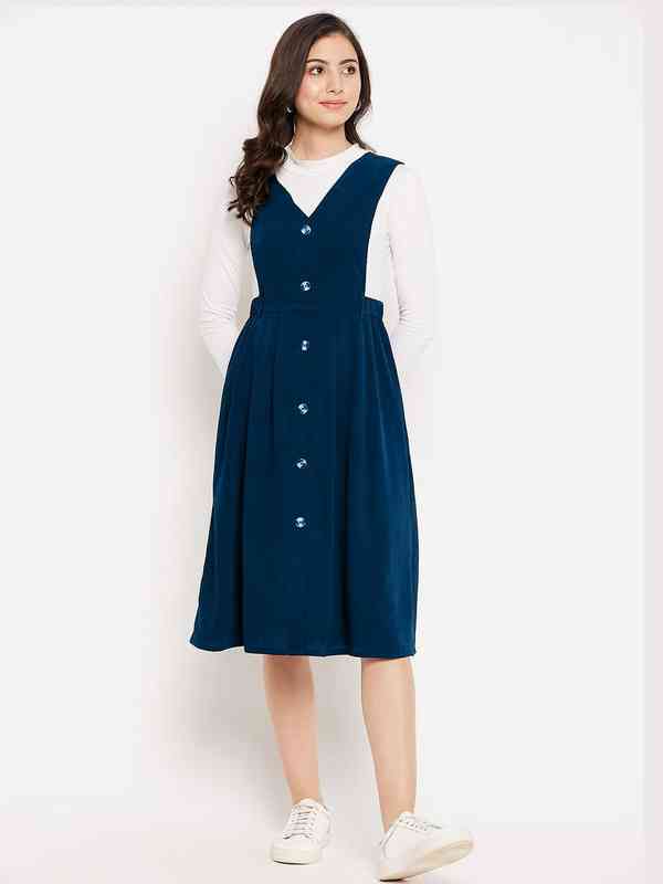 Women Blue Solid Fit Flare Dress - Buy Women Blue Solid Fit Flare Dress  online in India