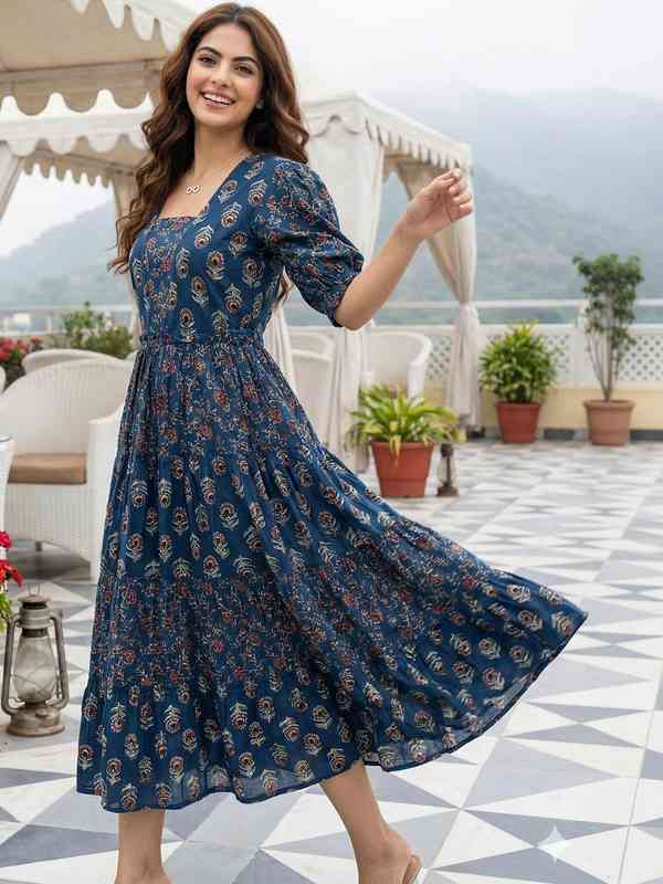 blue floral dresses Aubrey Smocked Midi Dress, Navy Floral