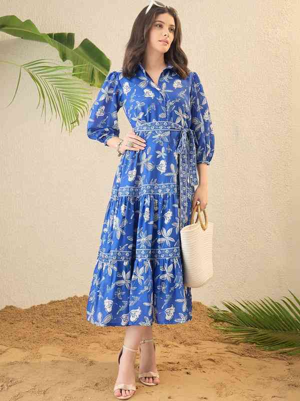 green pleated dress Buy Blue Printed Cotton Dress main image 0