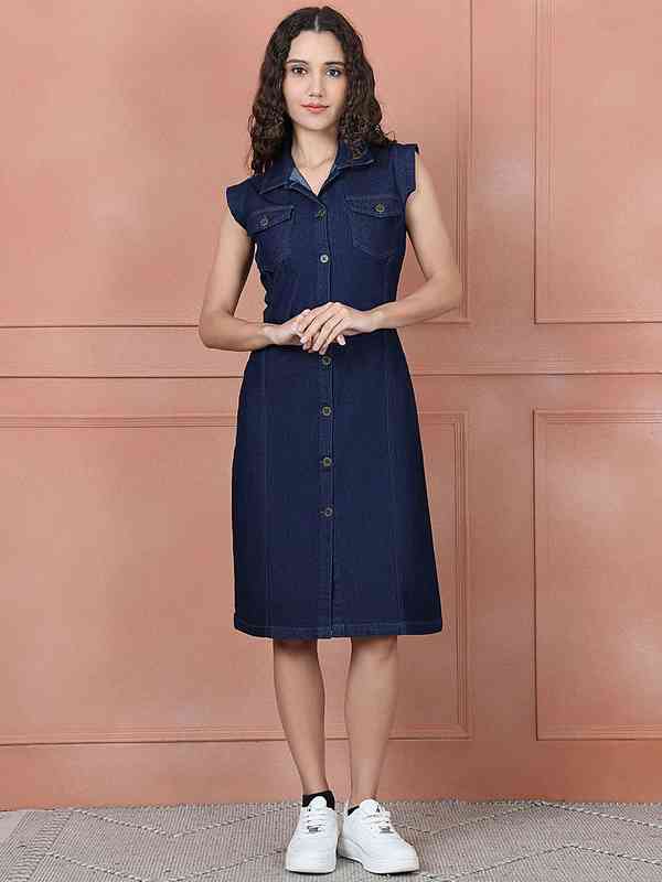 Midi Dress Denim Top Dress Women Notch Collar Dark Blue Denim Mini Dress   Global