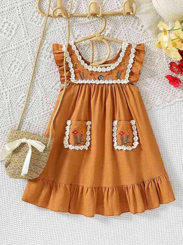 high neck brown dress Brown High Neck Flutter Sleeve Beaded Dress main image 1