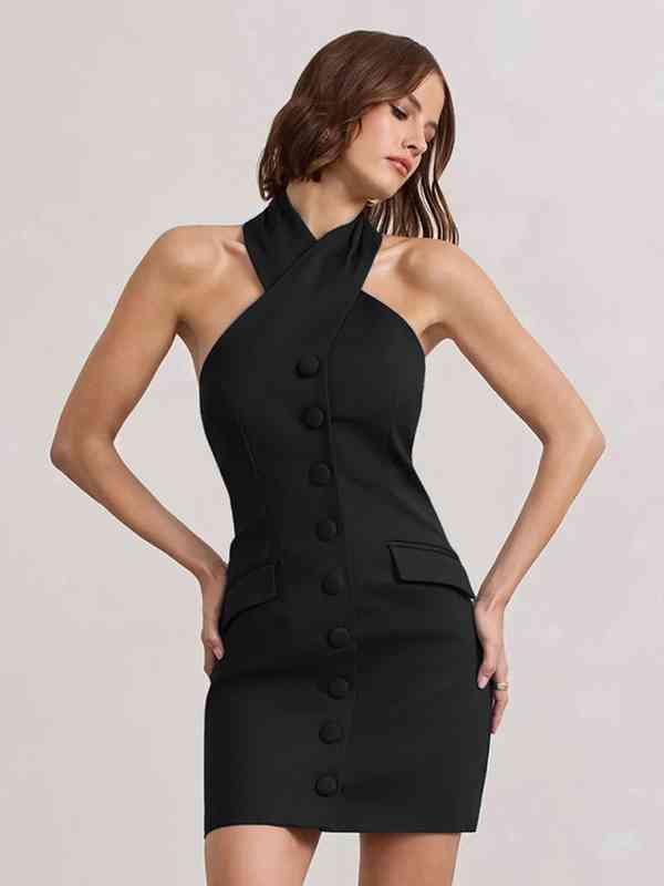 krisa halter dress Black Halter Crisscross Cut Out Drape Ruched Slit Dress