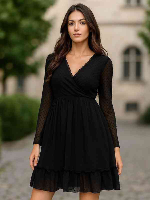 dress with long sides Abira Sequin Modest Neckline Long Sleeve Embellished Dress With Side Skirt Light Blue / 22