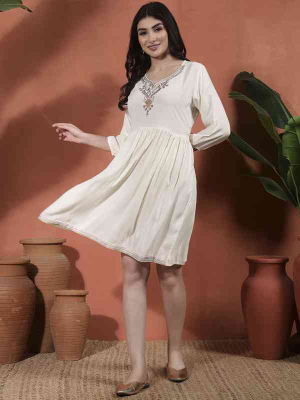 where to buy mexican embroidered dress online White Ethnic Motif Rayon Slub Flared Dress with Thread Embroidery main image 1