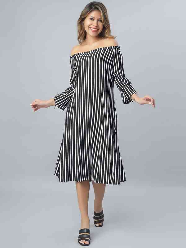 off shoulder black and white striped dress Black and White Striped Off Shoulder Short Dress main image 1
