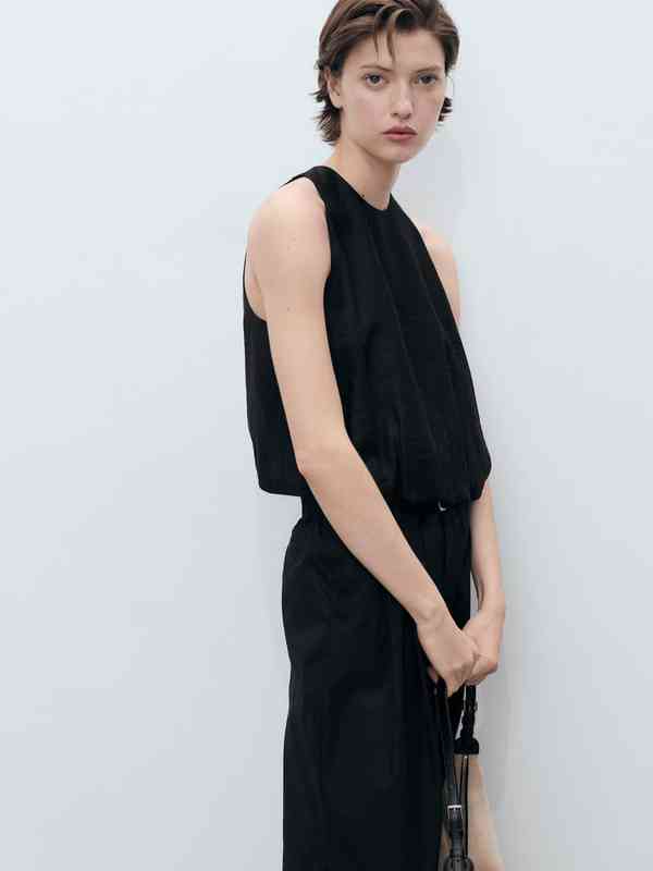 トップス ESMOK balloon tops black Black Balloon Sheer Sleeves Crop Top with Frills