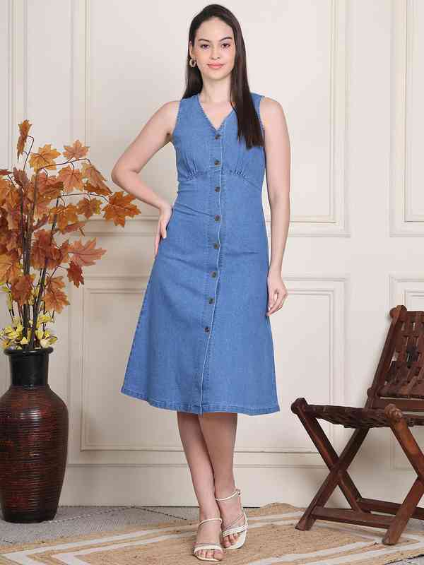 Women Blue Solid Denim A Line Dresses - Buy Women Blue Solid Denim A Line  Dresses online in India